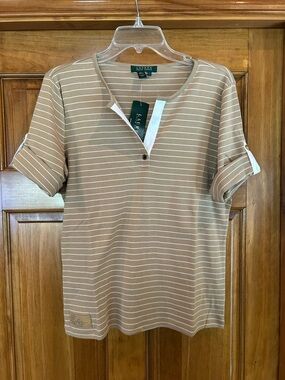 Lauren Ralph Lauren Tan and White Striped Short Sleeve Henley